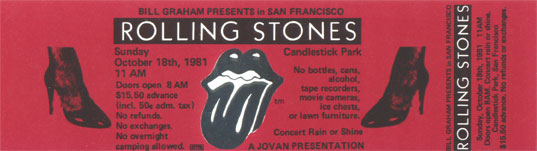 ROLLING STONES, THE - Concert ticket San Francisco 1981 - Place concert / soirée