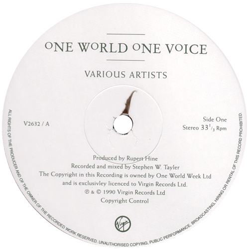 V/A incl. Rupert Hine, Lou Reed, Bob Geldof, etc. : One World One Voice - LP from UK, 1990