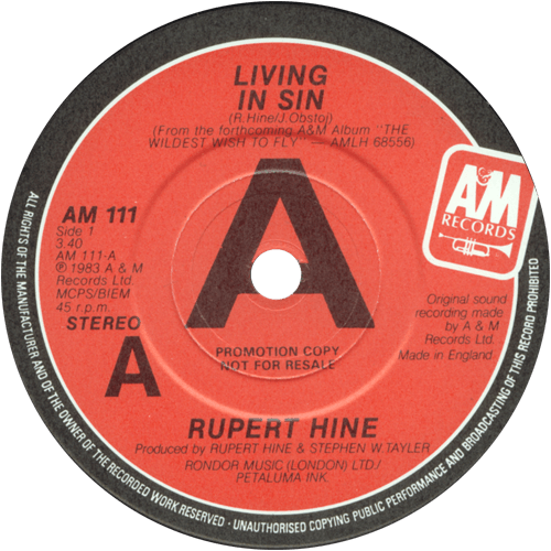 Rupert Hine : Living In Sin - 7" PS from UK, 1983
