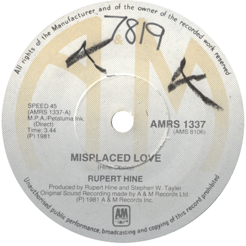 Rupert Hine : Misplaced Love - 7" CS from South Africa, 1981