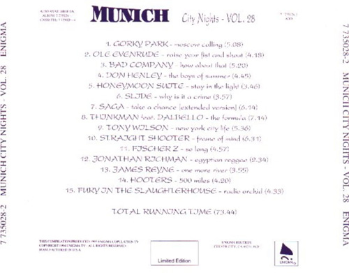 V/A incl. Thinkman, Jonathan Richman, Bad Company, Saga, etc. - Munich City Nights - Vol. 28 - Enigma 7 735028-2 USA CD