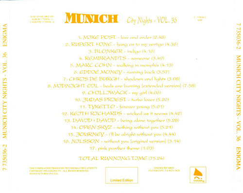 V/A incl. Rupert Hine, Keith Richards, Journey, etc. : Munich City Nights - Vol. 36 - CD from USA, 1994