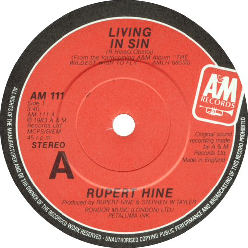 Rupert Hine : Living In Sin - 7" PS from UK, 1983