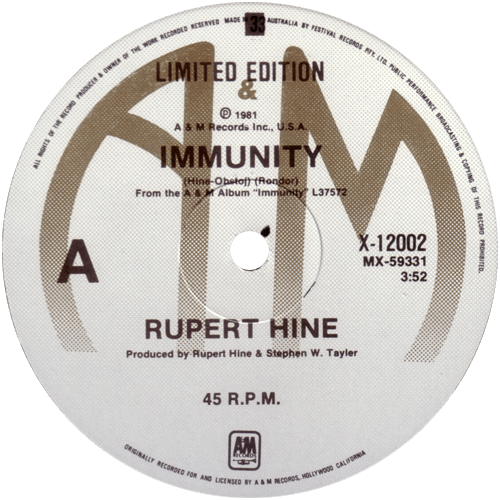 Rupert Hine : Immunity - 10" PS from Australia, 1981