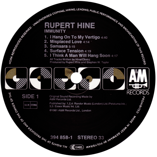 Rupert Hine - Immunity - A&M 394858-1 Germany LP