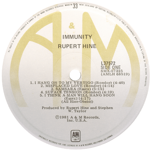 Rupert Hine - Immunity - A&M L 37572 New Zealand LP