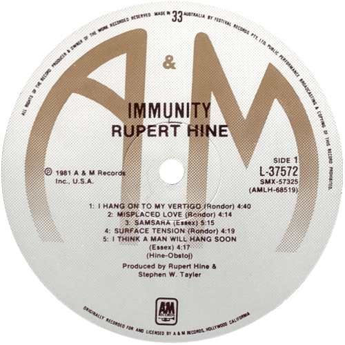 Rupert Hine - Immunity - A&M L 37572 Australia LP