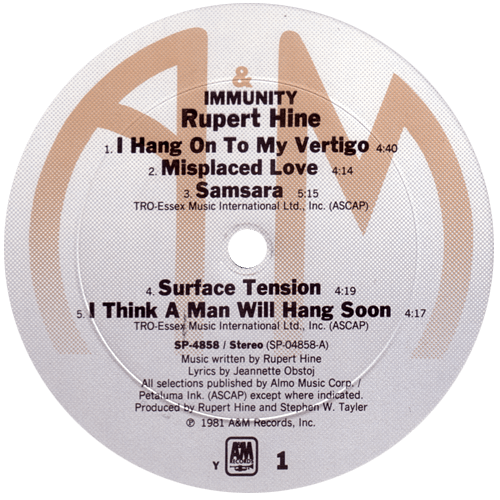 Rupert Hine - Immunity - A&M SP-4858 USA LP
