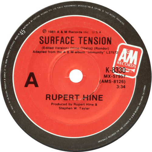 Rupert Hine : Surface Tension - 7" CS from Australia, 1981