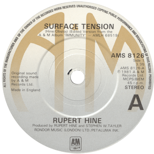 Rupert Hine : Surface Tension - 7" PS from UK, 1981
