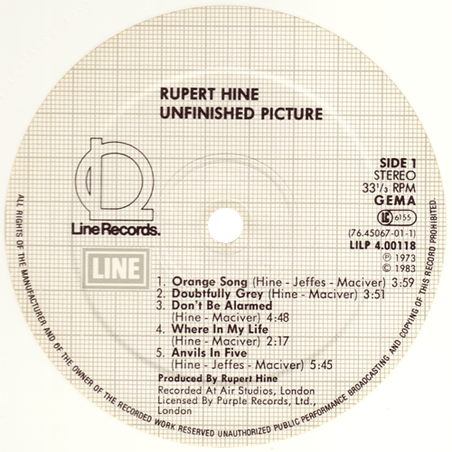 Rupert Hine - Unfinished Picture - Line Records LILP 4 00118J Germany LP