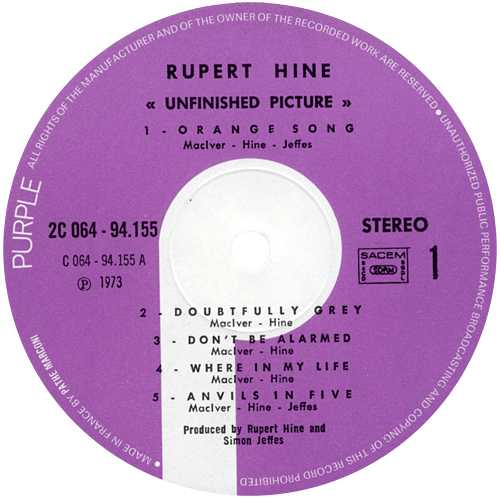 Rupert Hine - Unfinished Picture - Purple Records 2C 064 94155 France LP