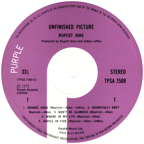 Rupert Hine - Unfinished Picture - Purple Records TPSA 7509 UK LP