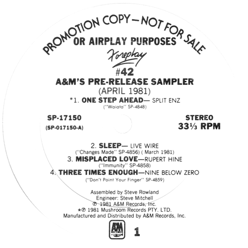 V/A incl. Rupert Hine, Split Enz, Live Wire, etc. - Foreplay #42 A&M's Pre-Release Sampler - A&M SP-17150 USA LP