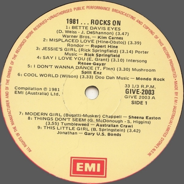 V/A incl. Rupert Hine, Ultravox, Duran Duran, The Church, Stray Cats, Kim Wilde, etc. - 1981... Rocks On - EMI GIVE2003 Australia LP