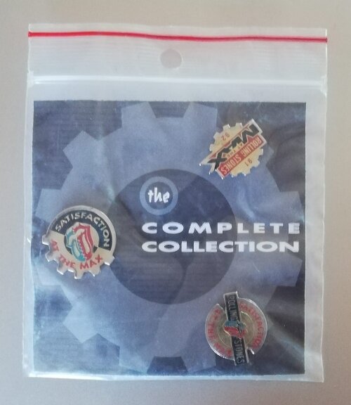 The Rolling Stones: Satisfaction - at the Max - set of 3 enamel pins - Fittech Industries, Belgium 1992, pin