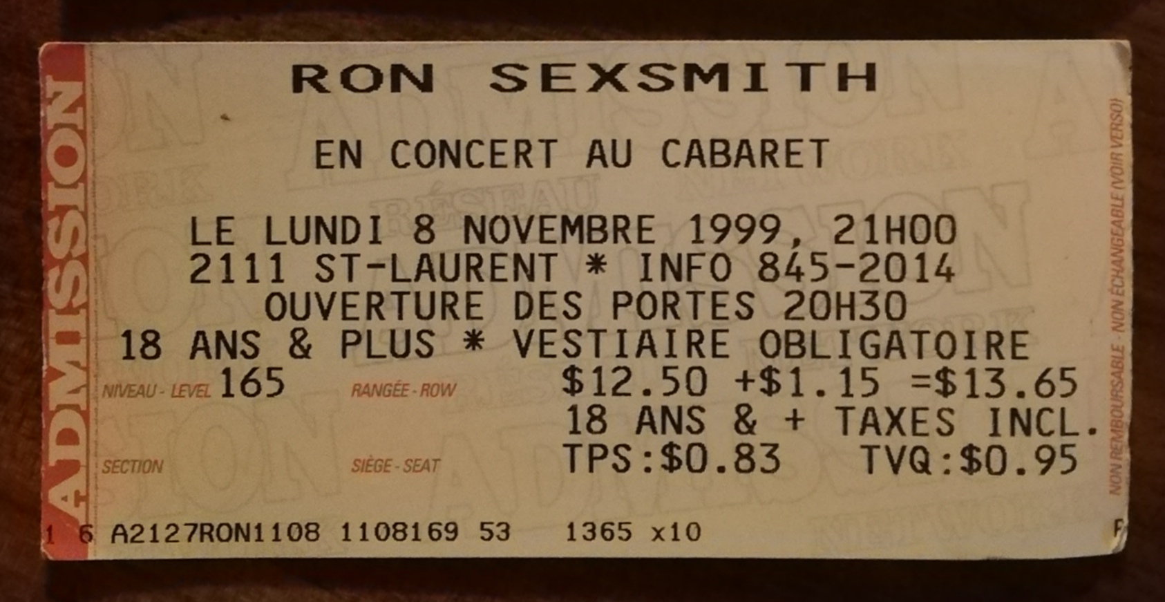 Cake: Concert ticket Montreal, Spectrum, nov. 8, 1998, Canada 1998, ticket