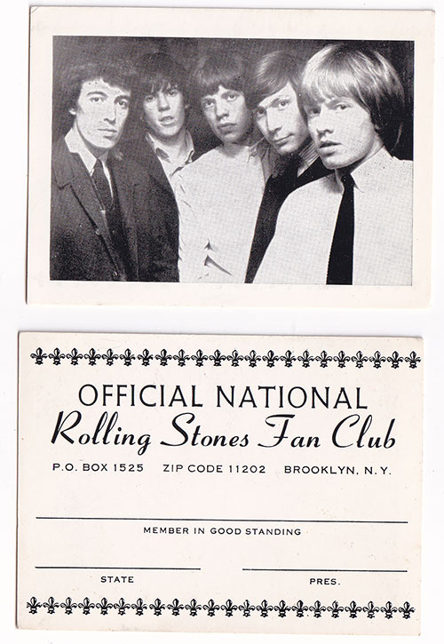 The Rolling Stones - Fan Club card (1964) 'Official National Rolling Stones fan club' - London  USA postcard