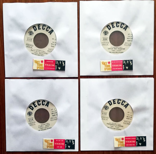 The Rolling Stones : Yesterday's Papers / The Last Time / Satisfaction / Get Off Of My Cloud, 7" x 4, Italy, 1967 - 94 €