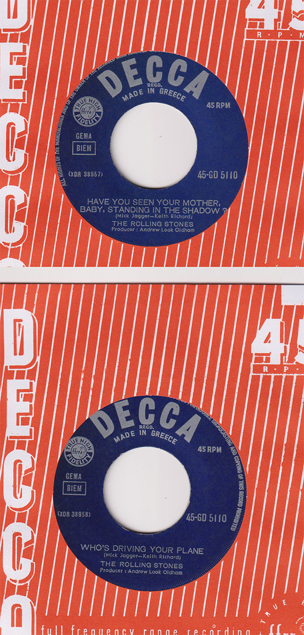 The Rolling Stones: Have You Seen Your Mother, Baby, Standing In The Shadow ? - Decca 45-GD 5110, Greece 1966, 7" CS