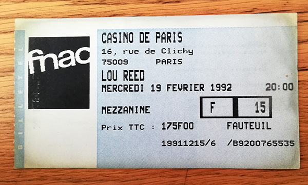 Lou Reed : Ticket Casino de Paris, 1992, ticket, France, 1992 - £ 8.6