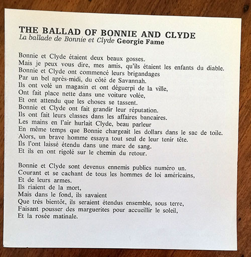 Georgie Fame : The Ballad of Bonnie and Clyde, sheet music, France, 1969 - £ 6.02