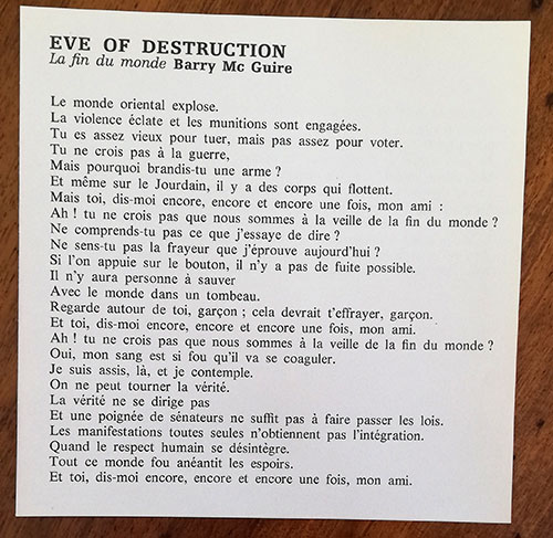 Barry Mc Guire : Eve of Destruction, sheet music, France, 1969 - 7 €