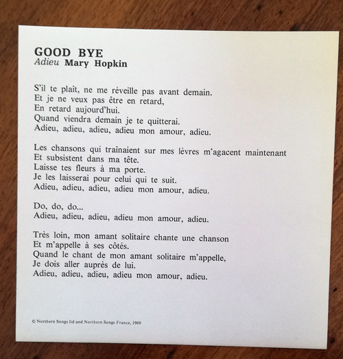 Mary Hopkin : Good Bye, sheet music, France, 1969 - £ 6.02