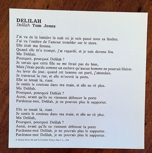 Tom Jones : Delilah, sheet music, France, 1969 - 7 €
