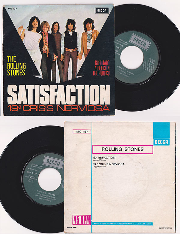 The Rolling Stones: (I Can't Get No) Satisfaction - Decca MO 1137, Spain 1977, 7" PS