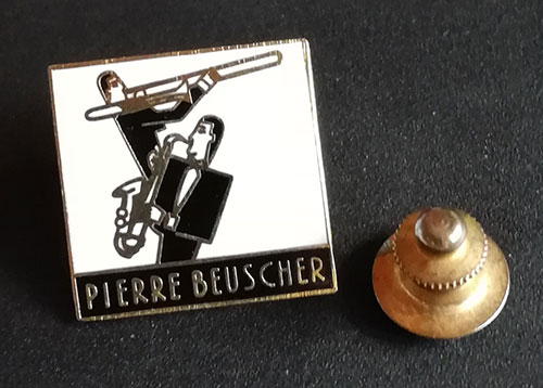 'Jazz' Pierre Beuscher : Pierre Beuscher saxophone & trombone vintage enamel pin, pin, France, 1990 - $ 10.8