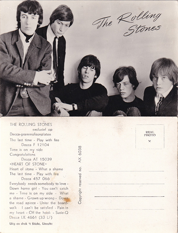 The Rolling Stones: promo postcard  - Uitg. en druk ’t Sticht, Utrecht AX 6038, Holland 1964, postcard