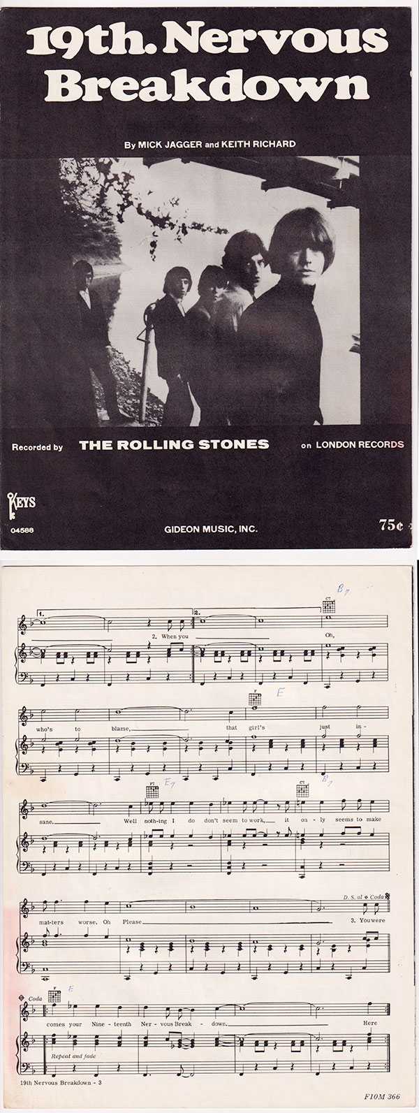 The Rolling Stones: 19th Nervous Breakdown - Gideon Music, Inc., USA 1966, sheet music