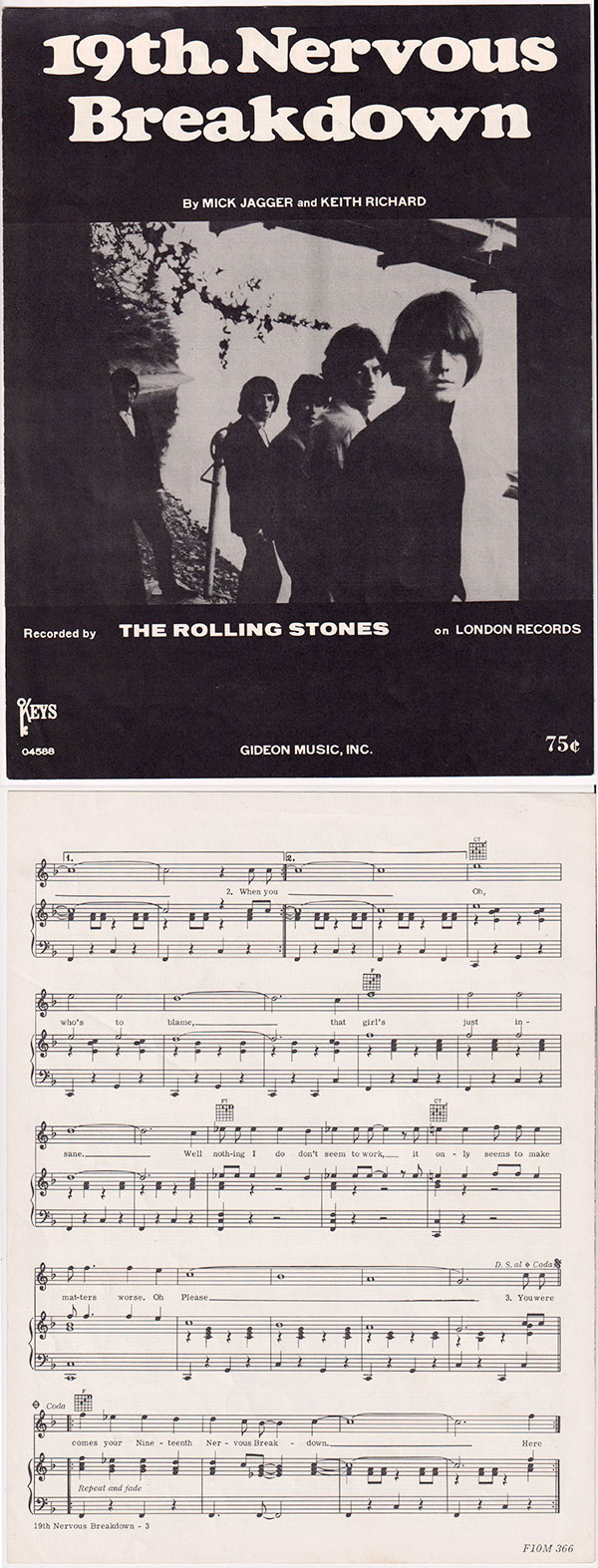 The Rolling Stones: 19th Nervous Breakdown - Gideon Music, Inc., USA 1966, sheet music