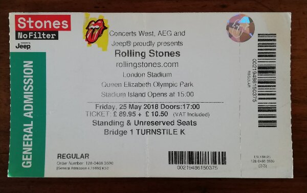 The Rolling Stones - used concert ticket for the London Stadium show, May 25,2018  -   UK ticket
