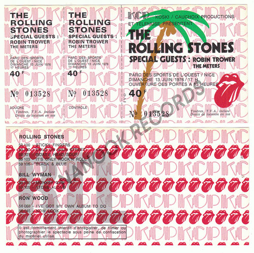 The Rolling Stones - Concert ticket Nice 1976 -   France ticket