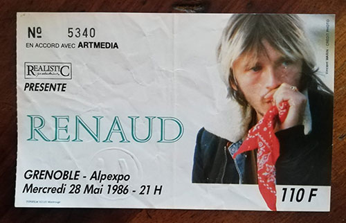 Renaud: Ticket de concert, Grenoble 28 mai 1986 , ticket, France, 1986 - 8 €