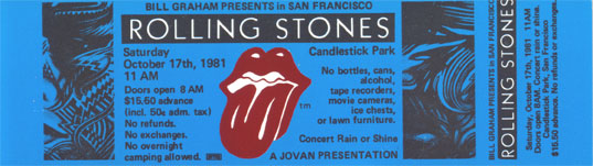 The Rolling Stones : Concert ticket San Francisco 1981, ticket, USA, 1981 - $ 14.04
