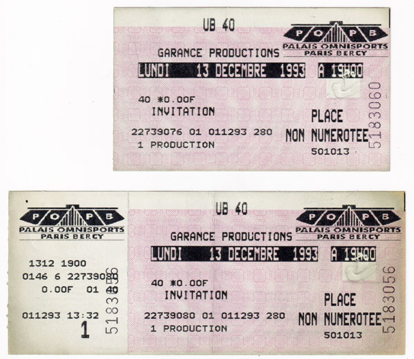 UB40: Concert tickets Paris, Bercy, 1993  - Garance Productions, France 1993, ticket