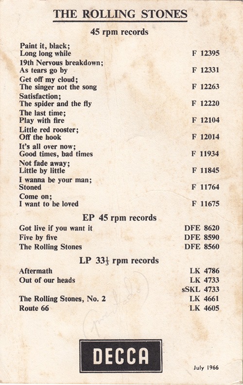 The Rolling Stones: promo Decca postcard (1966) - Decca, UK 1966, postcard