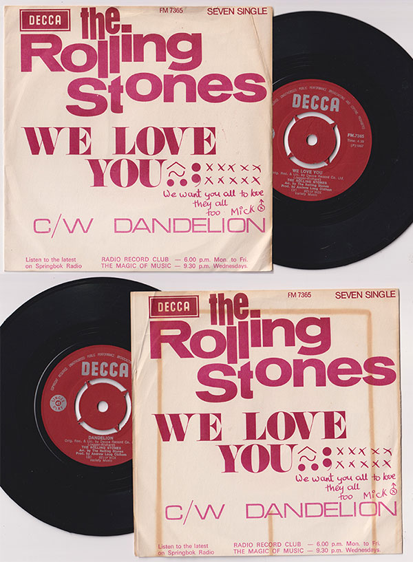 The Rolling Stones: We Love You, 7" PS, South Africa, 1967 - 86 € The Rolling Stones: We Love You, 7" PS, South Africa, 1967 - 86 €