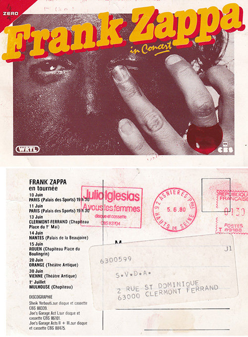 Frank Zappa - promotional post card - CBS  France postcard