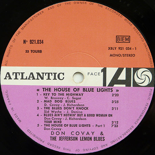 Don Covay and The Jefferson Lemon Blues Band - The House of Blue Lights - Atlantic 921034 France LP