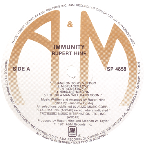 Rupert Hine - Immunity - A&M SP-4858 Canada LP