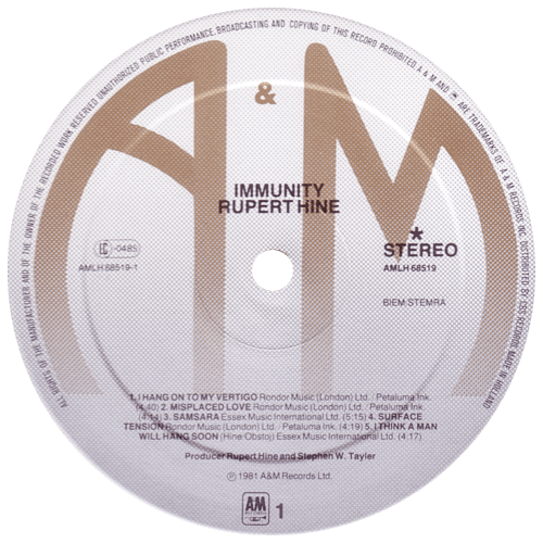 Rupert Hine - Immunity - A&M AMLH 68519 Holland LP