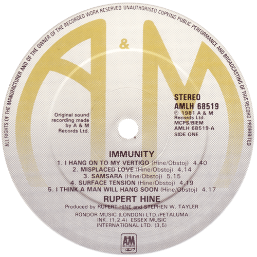 Rupert Hine - Immunity - A&M AMLH 68519 UK LP