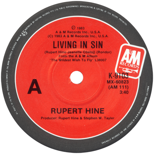 Rupert Hine : Living In Sin - 7" PS from Australia, 1983