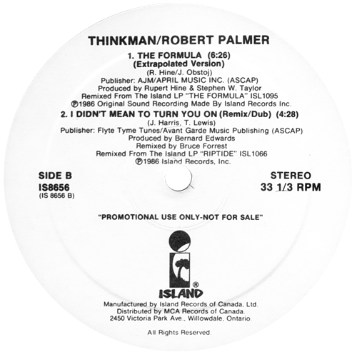 Robert Palmer / Thinkman - I Didn't Mean To Turn You On / The Formula - Island IS 8656 Canada 12"
