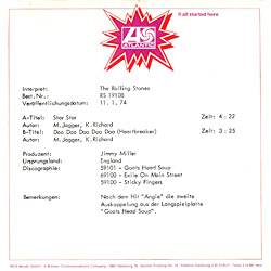 The Rolling Stones - Star Star - promo sheet • Germany discography: The RSR - Atlantic years [1971-1977]